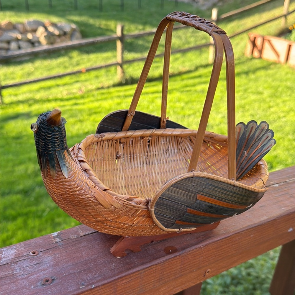 Vintage Woven Rattan Bird basket Painted Accents farmhouse rustic home decor
